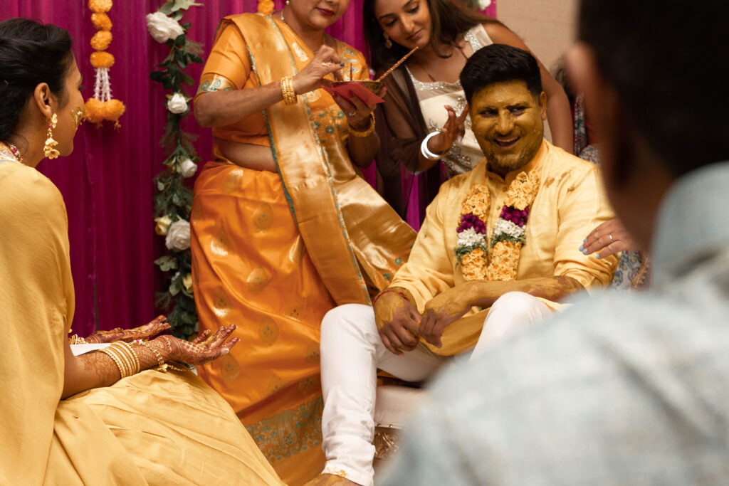 Bride and groom during Haldi