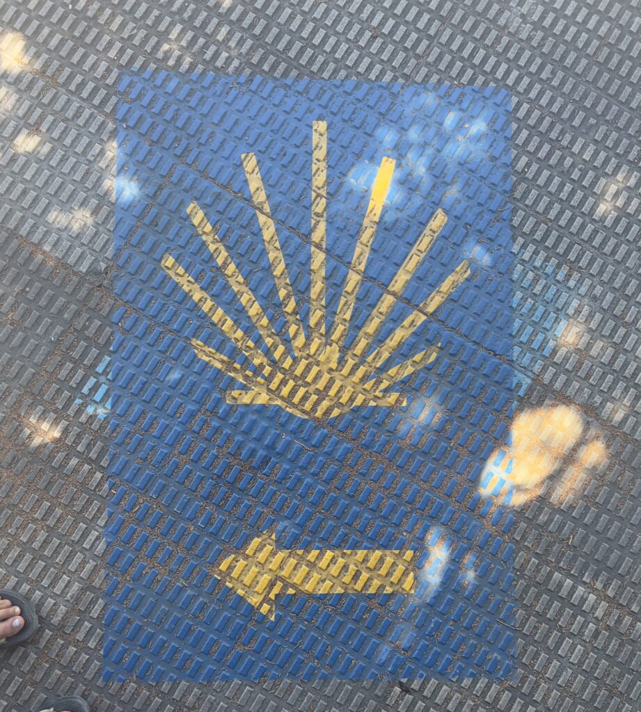 Symbol of the Camino De Santiago: Scallop shell with arrow pointing to correct direction to walk